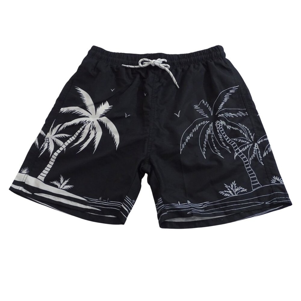 Shein Black Tropical Swim Trunks Palm Tree Print Men Size M Mesh Liner Pockets